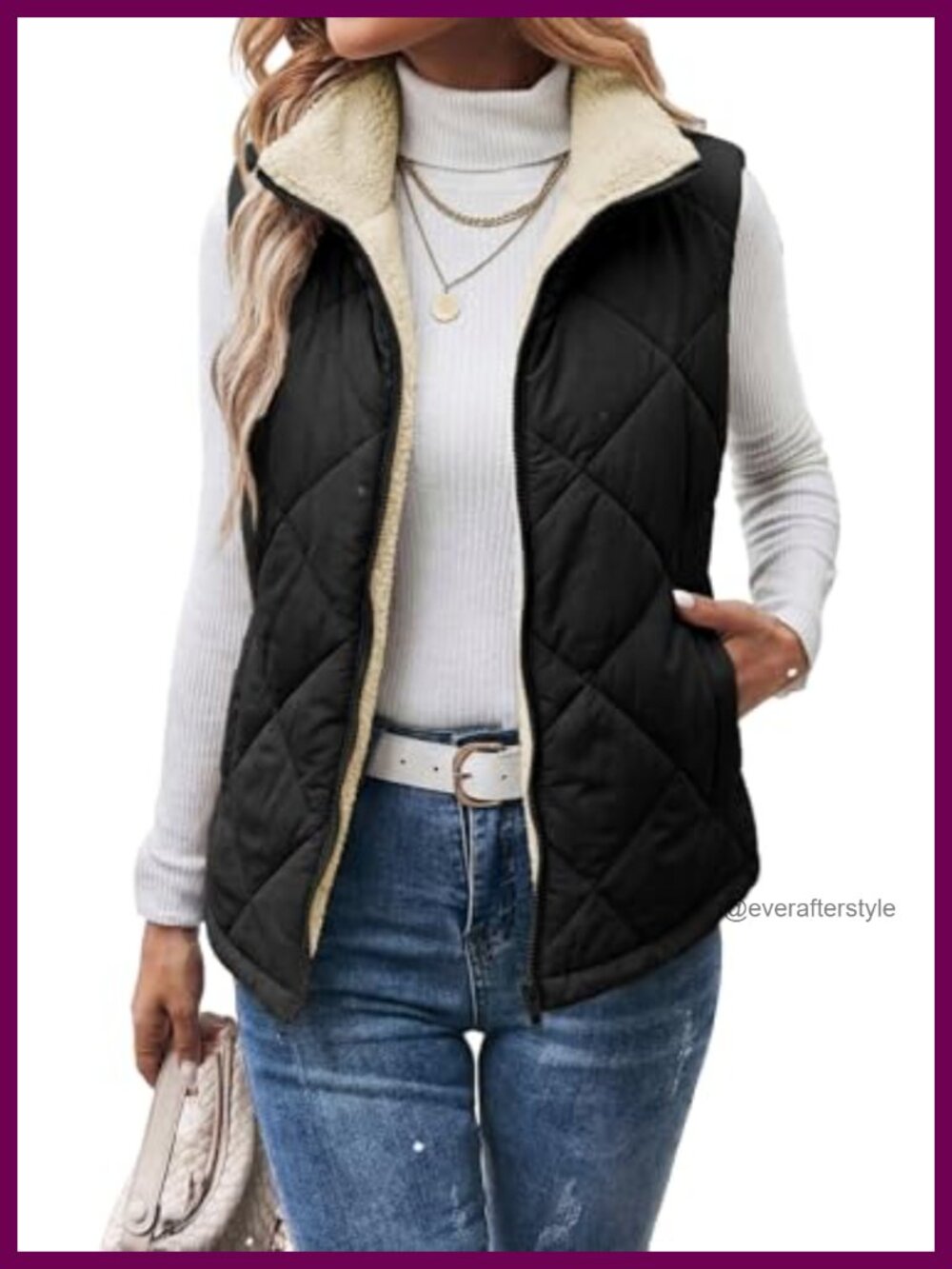 Quilted Sherpa Fleece Vest Stand Collar Zip Up Puffer Sleeveless Jacket